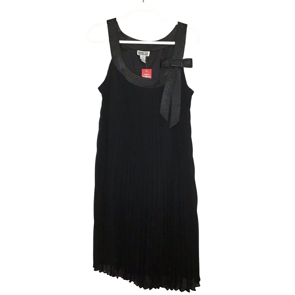Robbie Bee Black Pleated Chiffon Sleeveless Shift Dress with Bow Accent Size 16